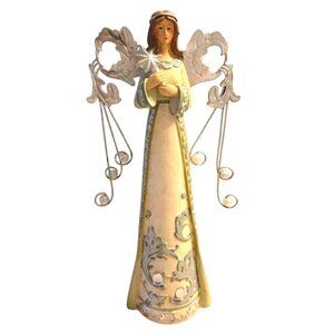 12" Angel Figurine Light Green and Cream Embellished Resin Metal